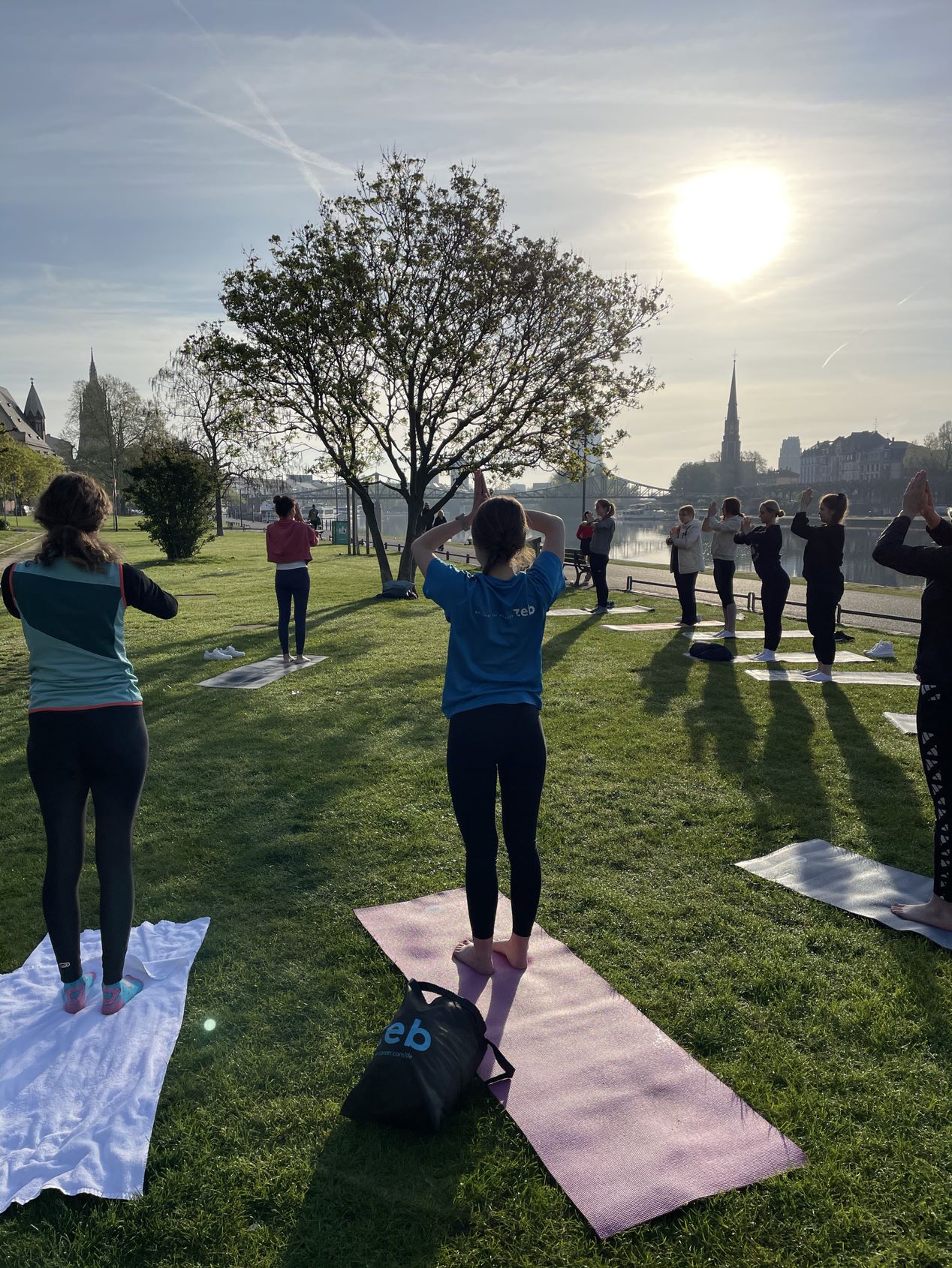 a group of people doing yoga on mats in a park