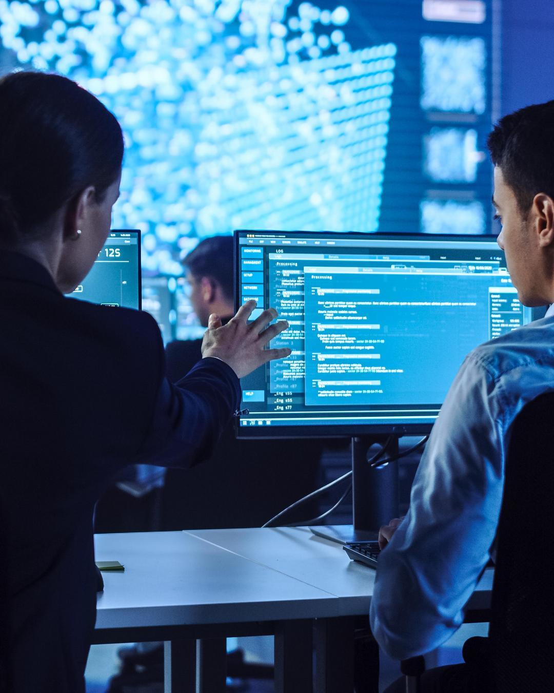 A woman shows someone something on his monitor