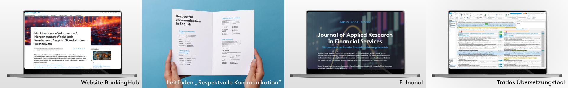 Collage aus vier Einzelbildern, die Sprachdienstleistungen zeigen. Von links nach rechts: 1. Eine Webseite auf einem Laptopbildschirm (BankingHub). 2. Eine Broschüre mit dem Titel "Respectful communication in English" (Lesen „Respektvolle Kommunikation“). 3. Die Titelseite eines E-Journals "Journal of Applied Research in Financial Services" auf einem Laptop. 4. Ein Dokument mit farbigen Markierungen in einem Übersetzungstool (Trados Übersetzungstool).