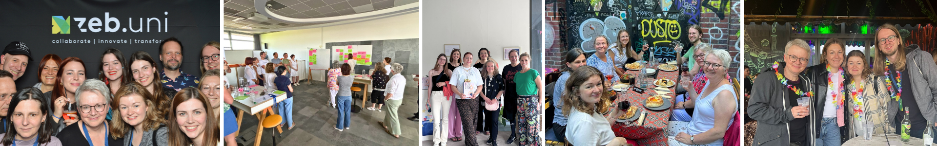 Collage aus vier Teamfotos, die Zusammenarbeit und Events zeigen. Von links nach rechts: 1. Großes Gruppenfoto des Teams vor einem Banner mit dem zeb.uni Logo. 2. Eine Gruppe von Mitarbeiter:innen bei einem Workshop, die an Whiteboards stehen. 3. Ein Gruppenfoto von Mitarbeiter:innen in einem Büroflur. 4. Ein Foto von Mitarbeiter:innen bei einem Team-Event in einer Bar/Club-Atmosphäre.