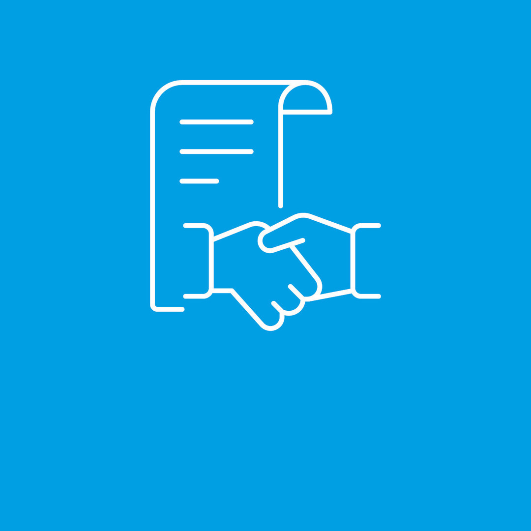 An icon of two shaking hands and of a document in the background.