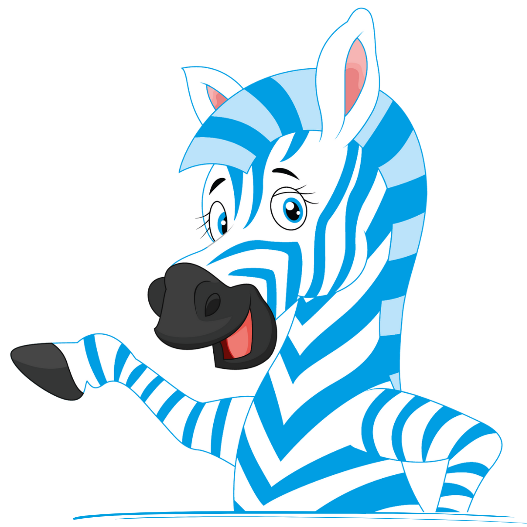 A zebra cartoon with white and blue stripes