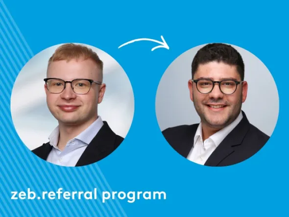 Grafik mit zwei Porträtfotos und einem Pfeil zwischen ihnen, mit dem Text ‚zeb.referral program‘