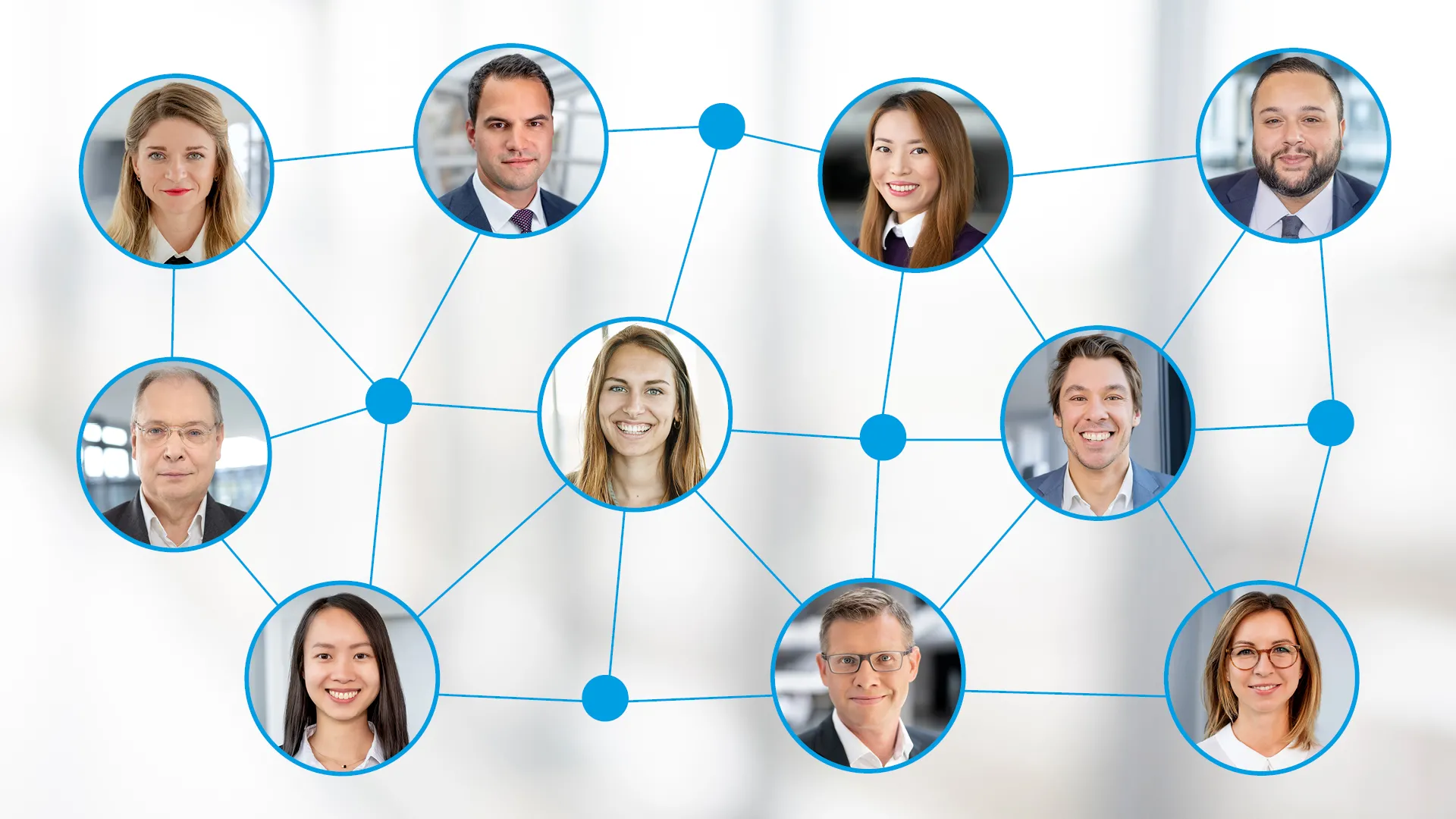Profilbilder von Mitarbeitenden von zeb werden als Netzwerk miteinander verbunden.