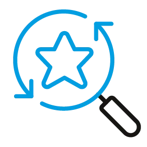 eine blaue Lupe mit einem Stern und Pfeilen