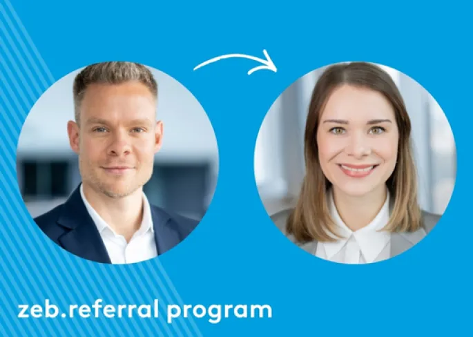 Graphic showing two portrait photos connected by an arrow, with the text ‘zeb.referral program