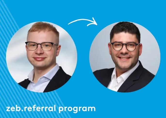 Grafik mit zwei Porträtfotos und einem Pfeil zwischen ihnen, mit dem Text ‚zeb.referral program‘