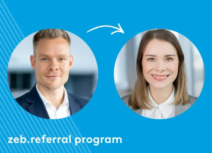 Graphic showing two portrait photos connected by an arrow, with the text ‘zeb.referral program
