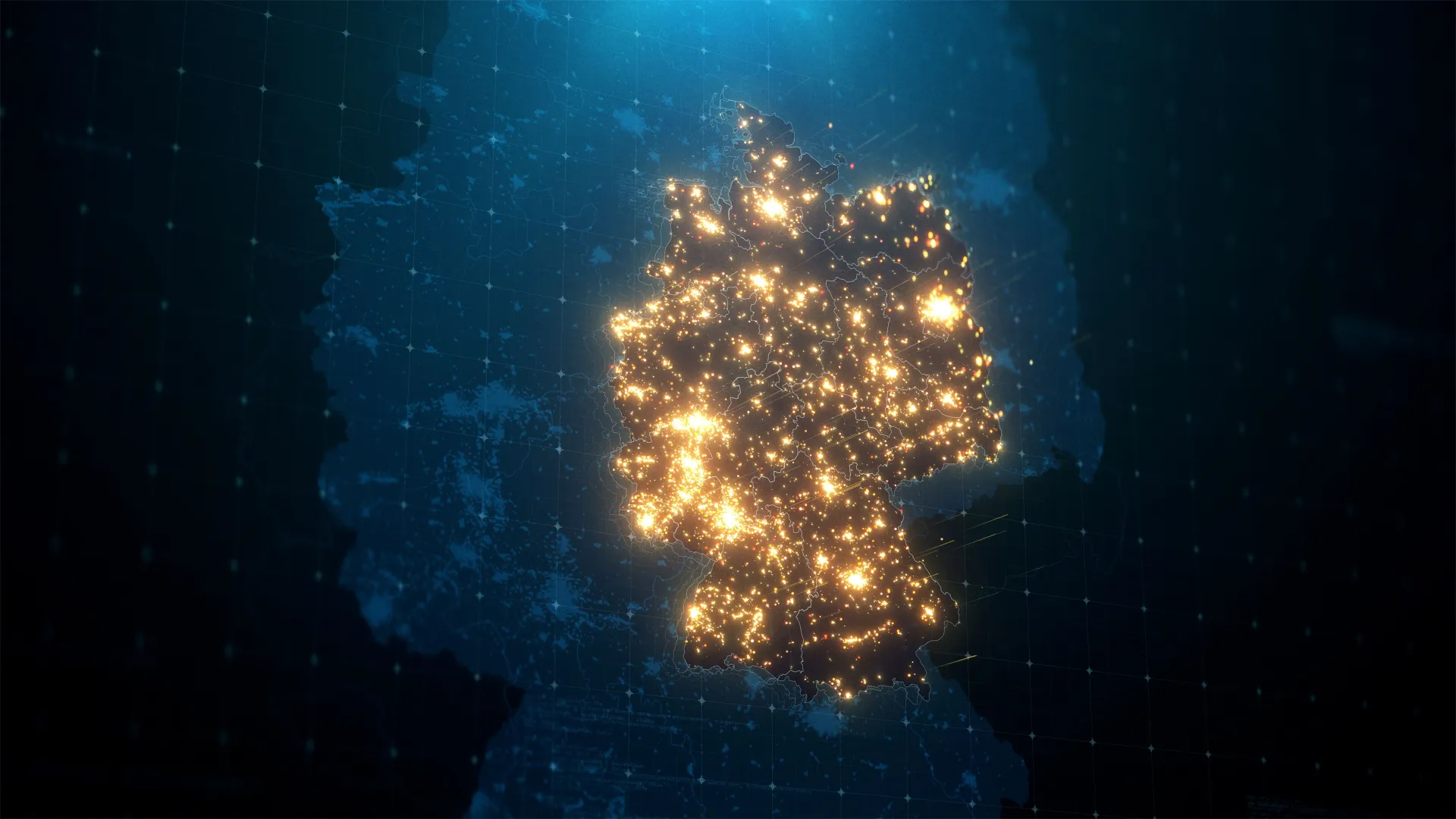 Night Map of Germany with City Lights Illumination. 3D render